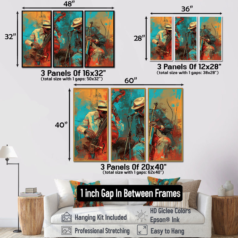 Maubray - ensemble de reproductions d'art mural musicien, Encadrement argenté, H 40 po x l 60 po x P 1 po