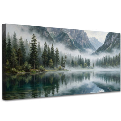 Art mural sur toile Misty Mountain Lake pour le salon, toile de paysage panoramique de la forêt de pins, décoration murale nature pour cabine de bureau de chambre à coucher, épaisseur de 1,5 po, imperméable, 24 po x 48 po