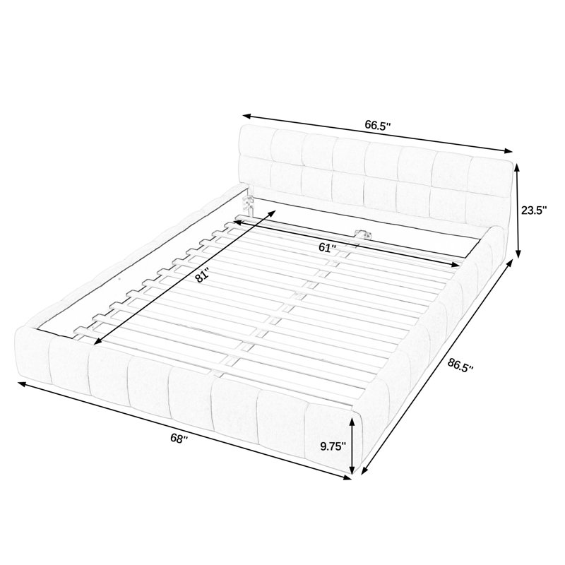 Grand lit plateforme avec revêtement en chenille, tête de lit et fabrication robuste, sans sommier tapissier, base de lit rembourrée beige