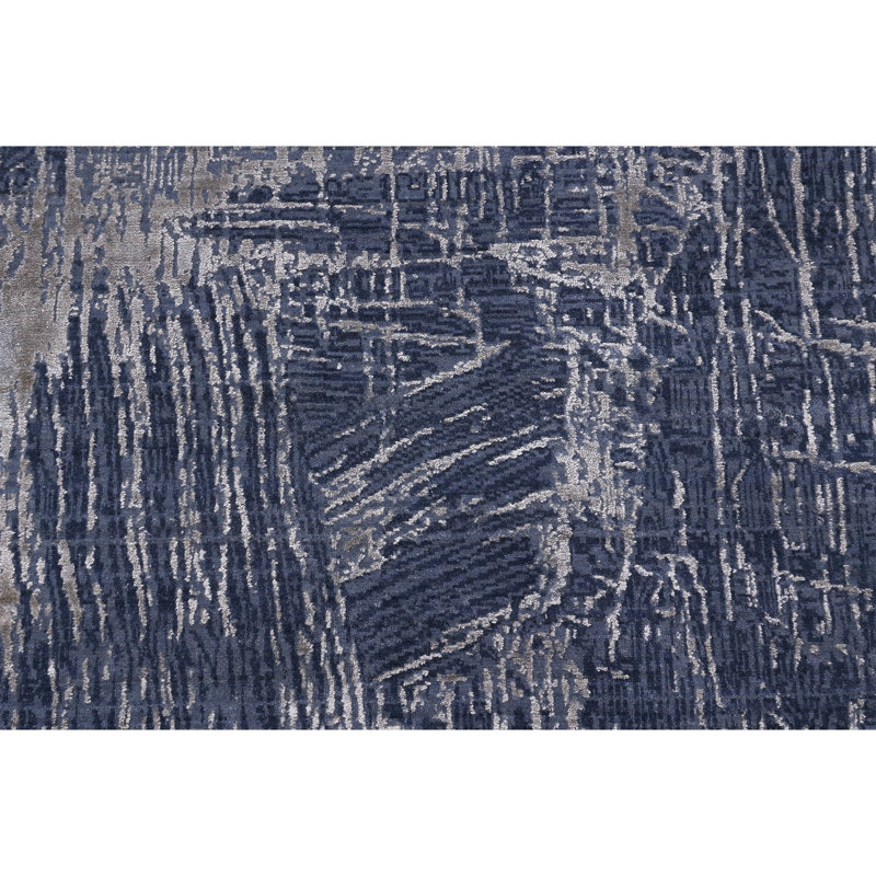Tapis noué à la main bleu marine / gris, Rectangle 6 pi x 9 pi