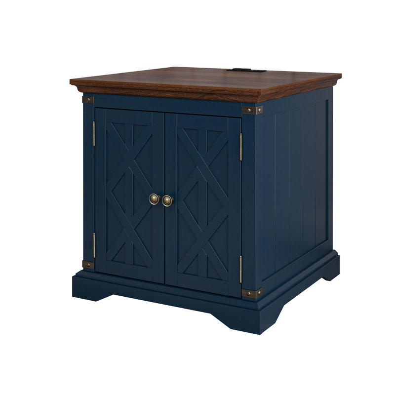 Taejuan End Table and Built-In Outlets, Navy, Brown