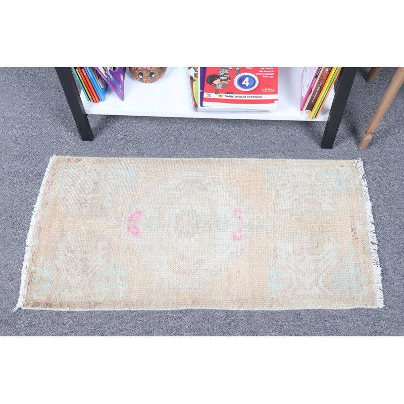 Handmade Vintage Anatolian Small Rug in Beige Perfect for Hallway Entryway or as A Door Mat