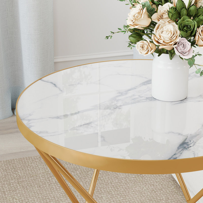 Modern Faux Marble Top Round End Table For Living Room, Bedroom, or Office, White