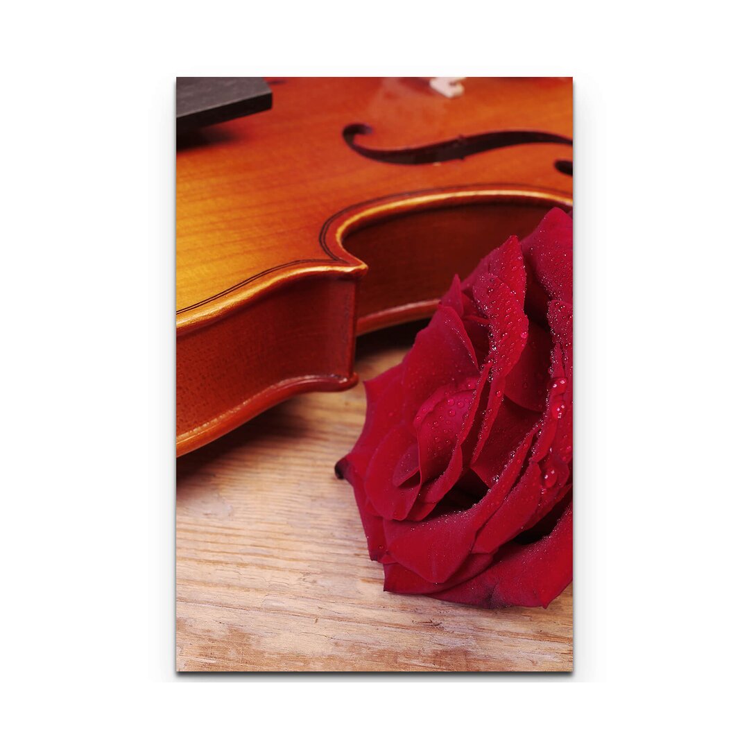 Leinwandbild Violine mit roter Rose