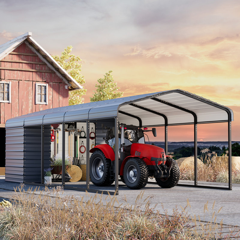 12x25 Ft Carport Storage Shed 2-in-1, Heavy Duty Car Port With Galvanized Metal Frame, Base-reinforced Enclosed Storage Shelter, Extended Coverage For Trucks, Cars & All Vehicles, Gray