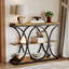 Console étroite à 3 niveaux, table basse industrielle avec structure métallique en demi-cercle, tables d'appoint rustiques en bois avec étagères de rangement pour entrée, couloir, salon ou hall d'entrée