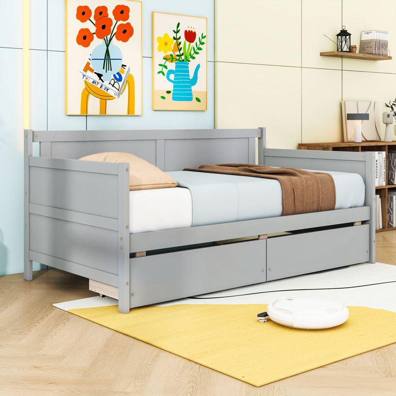 Wood Daybed with two Drawers, Gray