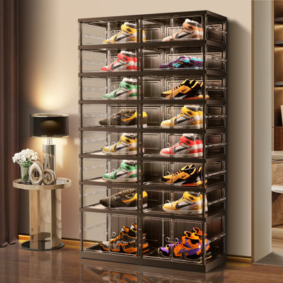 8-Tier 16-32 Pairs Plastic Stackable Shoe Storage Cabinet For Entryway Easy Assembly