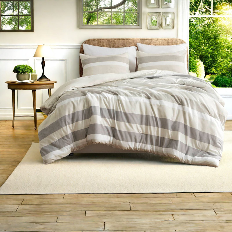 Neutral Stripe Textured 3-piece Bedding Sets, Polyester Comforter With Shams, Full/queen
