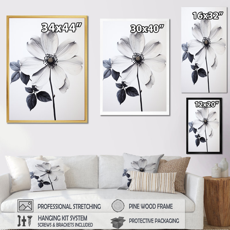Calme de cornouiller noir et blanc sur toile, Cadre doré simple, H 44 po x l 34 po x P 1,5 po