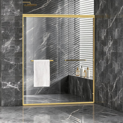 Porte de douche coulissante double, réglable en largeur de 142 à 152 cm x 183 cm de hauteur, avec cadre en aluminium doré brossé, verre trempé transparent et film anti-explosion.