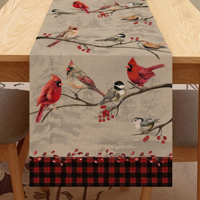 Bird Branch Table Runner, Winter Cardinal Chickadee Berry Scarf Home Kitchen Red Black Buffalo Plaid Check Decor, Christmas Farmhouse Burlap Dining Decoration Holiday Party Supply 13X72