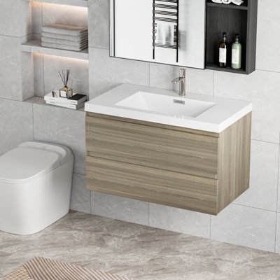 Meuble-lavabo flottant 36 po avec lavabo, armoire élégante murale 36 po. Lavabo en résine, tiroirs à fermeture en douceur. Aspect gris cendré. 24V11-36Ag