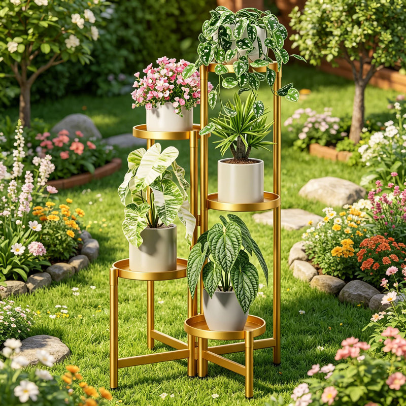 Support à plantes à 5 niveaux pour support pliant ajustable et robuste avec plateaux antirouille de 7,9 pouces de largeur, tablette de coin pour plusieurs grandes jardinières, support de présentation en fer forgé