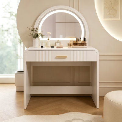  Makeup Vanity Table with Touch Screen LED Mirror, Dressing Table with Drawer for Bedroom, White