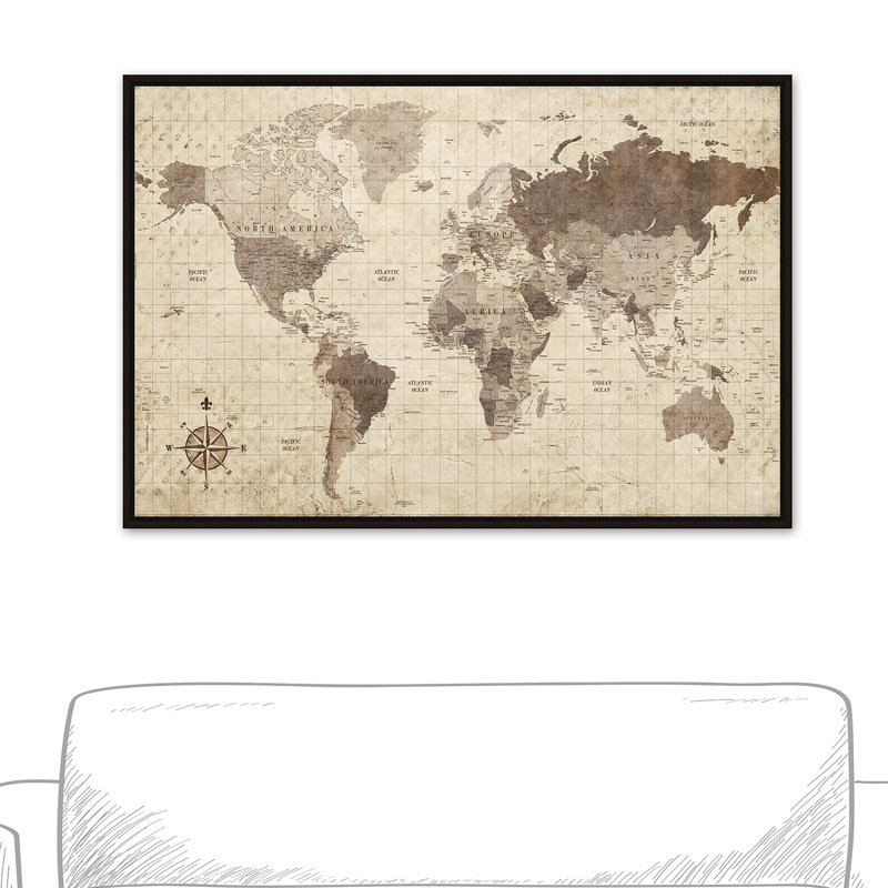 " Distressed World Map ", 32" H x 48" W, Framed Print, Framed