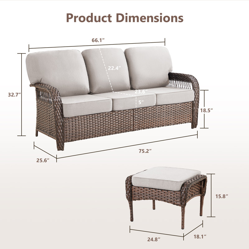Canapé d'extérieur en osier avec coussin en T et repose-pieds, Beige, Brun