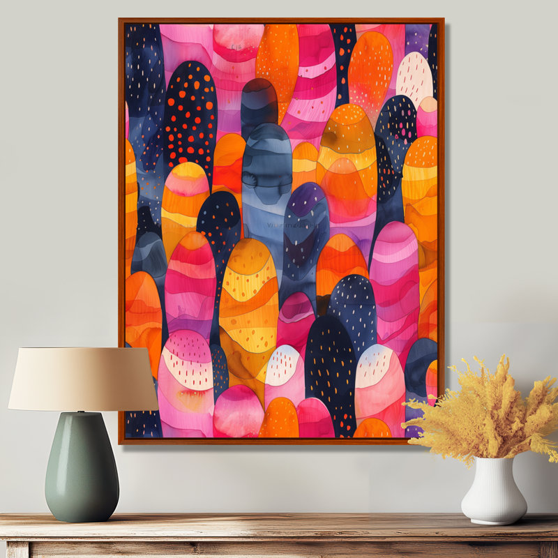 Motif bohémien rose à pois et rayures I - impression abstraite murale, H 12 po x l 20 po, Cadre flottant brun
