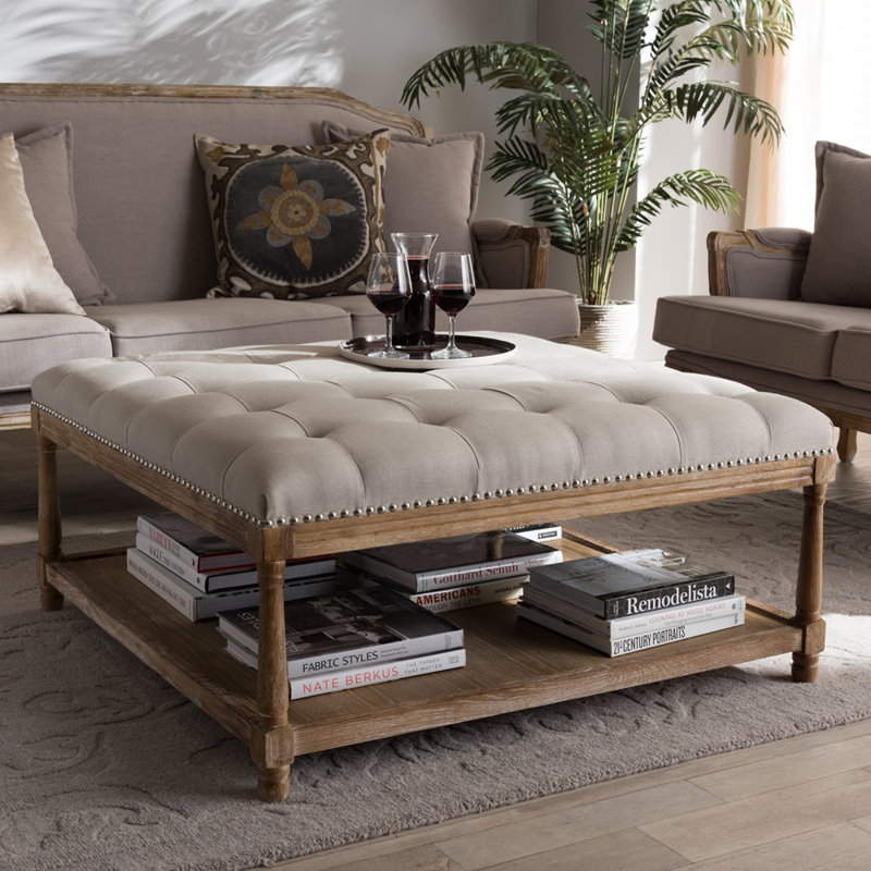 Ventura Coffee Table in Weathered Oak & Beige Linen Upholstery, 18.29'' H X 39.24'' W X 39.24'' D