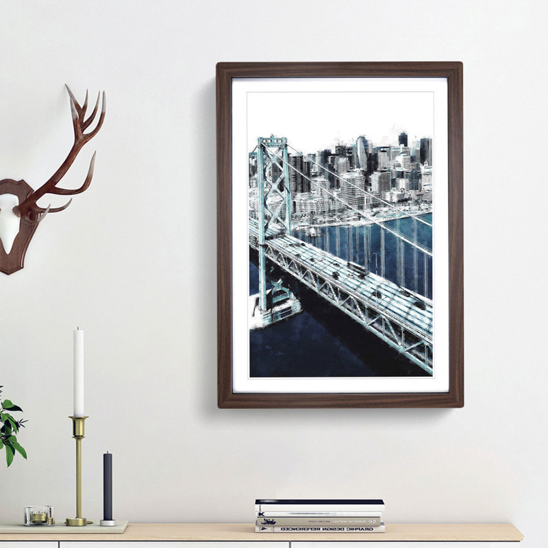 San Francisco Oakland Bay Bridge Abstract - Picture Frame Graphic Art Print, 87cm H x 62cm W x 2cm D, Walnut Framed