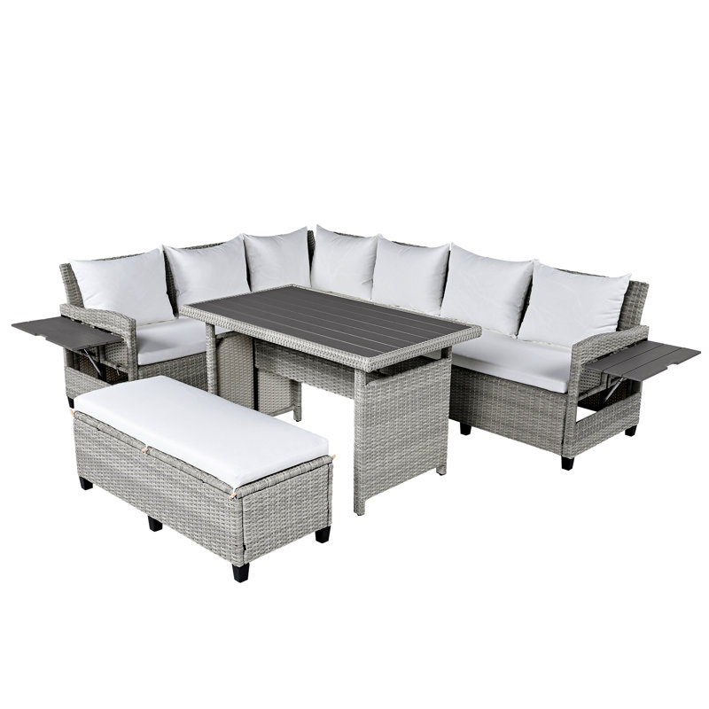 5-Piece Outdoor Patio Rattan Sofa Set, Sectional Pe Wicker L-Shaped Garden Furniture Set With 2 Extendable Side Tables, Dining Table And Washable Covers For Backyard, Poolside, Indoor