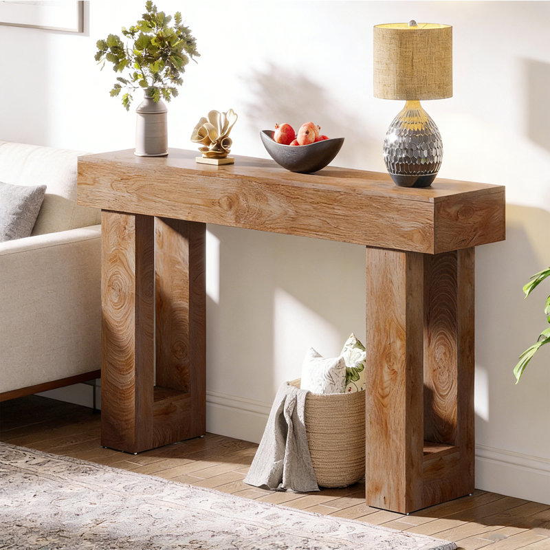 Console en bois massif de style médiéval, H 31,5 po x l 62,99 po x P 11,8 po, Bois naturel