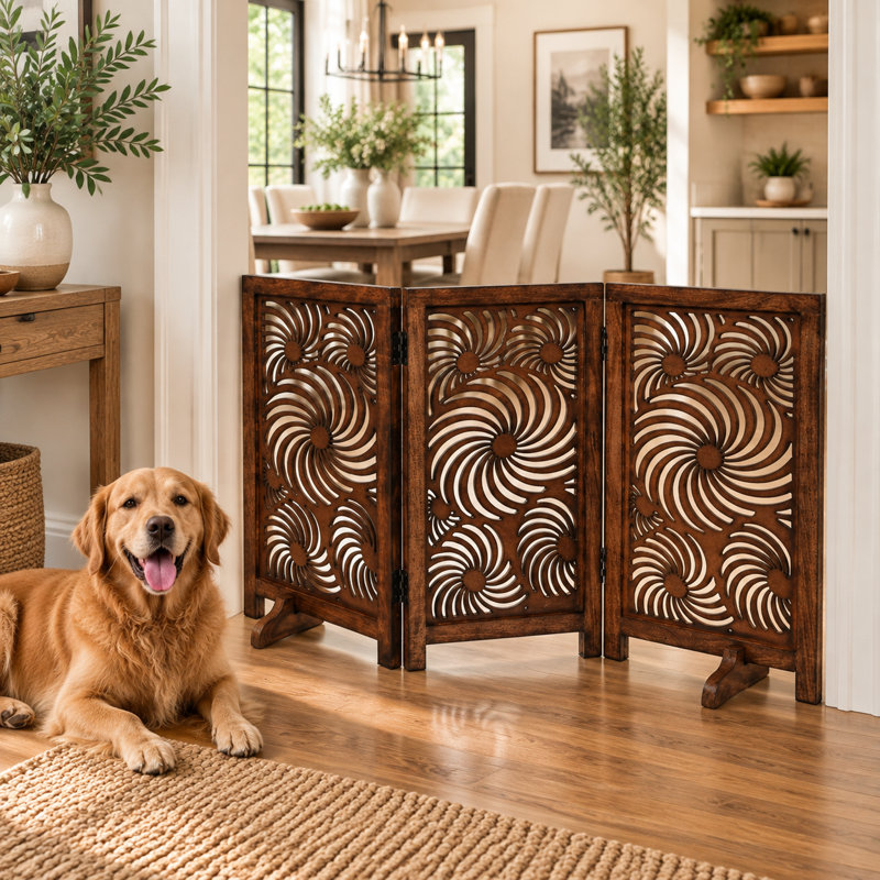 Barrière pliante pour chien en bois à 3 panneaux avec motif tournesol, Roussi