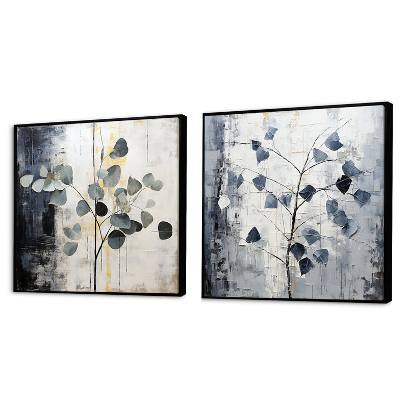 Monochrom Iron Ivy Leaves - ensemble de 2 feuilles de collage carré, Cadre flottant noir, H 16 po x l 33 po