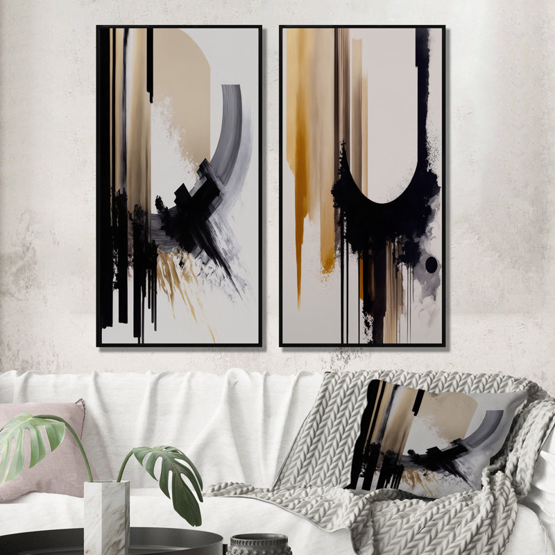 «Black, White and Gold Expression IV», 2 pièces sur toile, H 40 po x l 40 po, Cadre noir