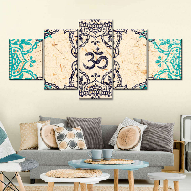 Prière, ensemble de 5 symboles bouddhistes sur toile, H 30 po x l 68 po x P 1,25 po