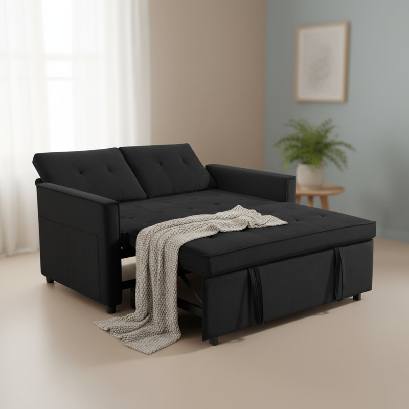 Canapé-lit convertible 3 en 1, canapé-lit en velours avec dossier et poches réglables, 35.43" H x 31.5" W x 53.54" D, Noir