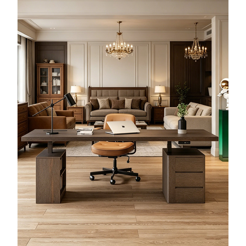 Bureau de direction moderne en bois foncé, bureau avec double caisson de rangement