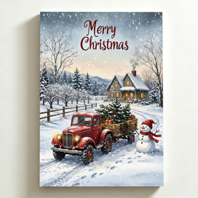 Camion rouge avec sapin de Noël, décoration murale champêtre hivernale sur toile, 40 x 60 cm, impression sur châssis, rouge et blanc, idéale pour l'entrée, le salon et le couloir.