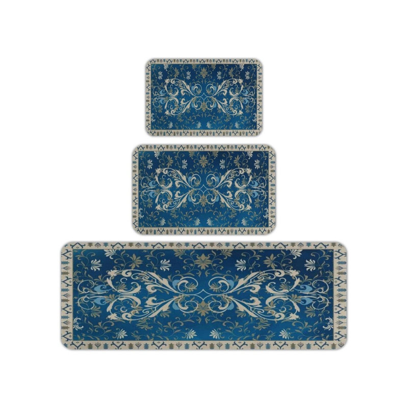 Ensemble de 3 tapis de cuisine à motif floral bleu et beige