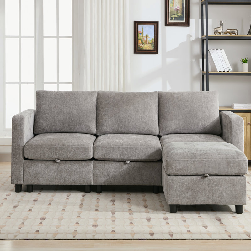  4 - Piece 82.7" Upholstered L Shape Sofa with Convertible Ottoman, Under-Seat-Storage, Light Gray Chenille