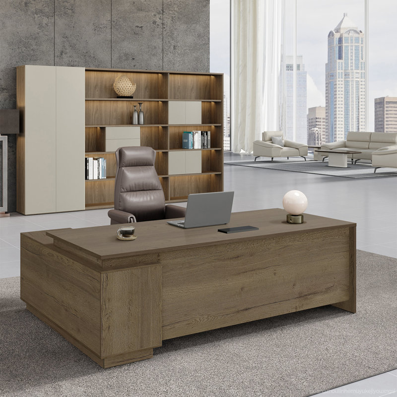Bureau de direction en L avec rangement intégré et conception ergonomique, Gris