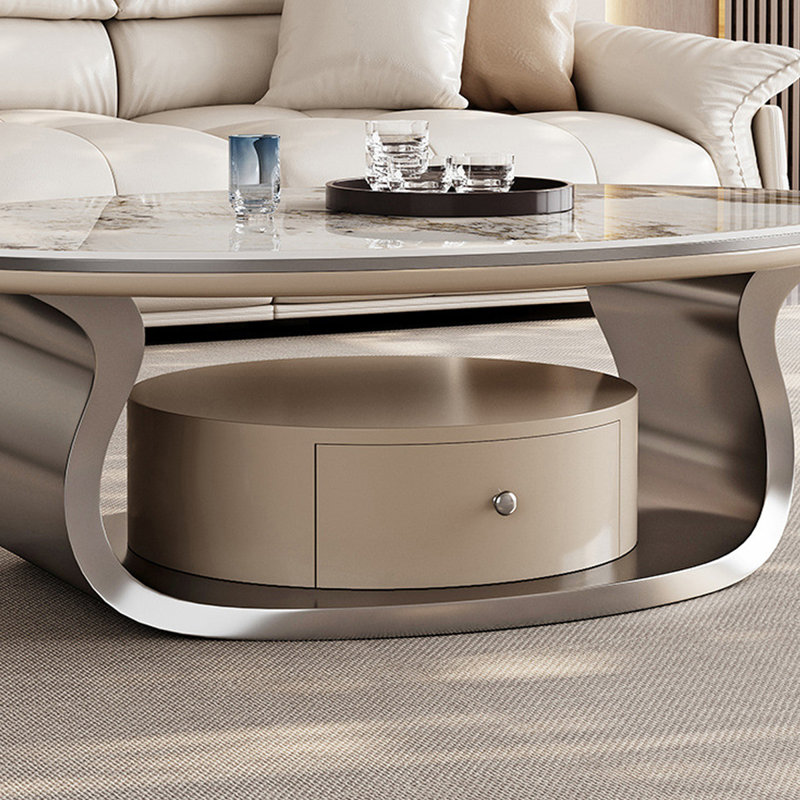 Table basse ovale en pierre blanche + acier inoxydable + écologique E0, Blanc / gris, H 16,54 po x l 47,24 po x P 27,56 po