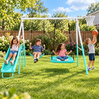 Ensemble de balançoire 4 en 1 pour enfants avec glissoire, plateforme, balançoire à ceinture et panier de basketball