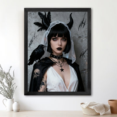 Black Framed Vintage Gothic Short Haired Mysterious Angel Wall Art Retro Style Framed Prints