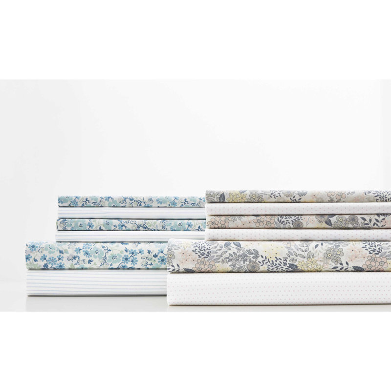 Laura Ashley Marissa 200 Thread Count Floral 100% Cotton Percale Sheet Set, King, Jaynie Ticking Stripe Blue