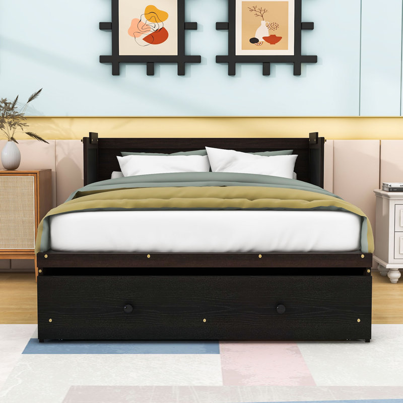 Lit escamotable en bois avec port USB et tiroir, Double, Espresso