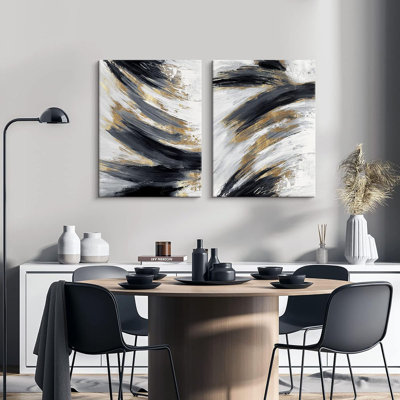 Artwork 2 pieces Black and Gold Abstract Wall Art 2 Pack Black and White Canvas Wall Decor Modern Framed Artwork for Living Room Bedroom Office Décor Ready to Hang 12"x16"(30cmx40cm)