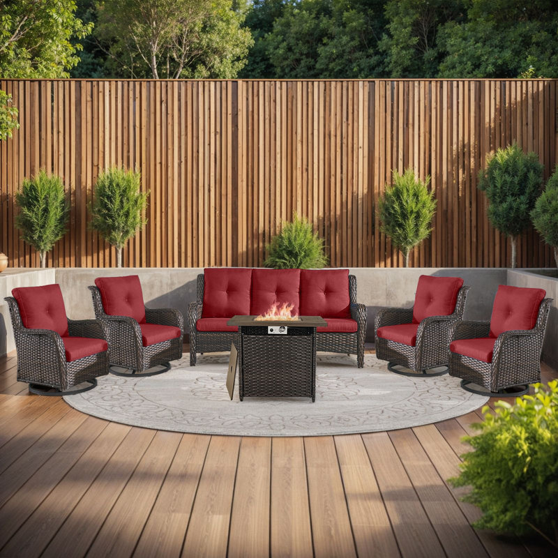 Wendye 6-Piece Outdoor Sofa & Chair Set With 4 Swivel Chairs, Fire Pit Table, Red, Brown