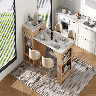 59.5"Kitchen Island With Extendable Dining Table, Kitchen Storage Table With Double-Sided Storage, Kitchen Island With 2 Drawers, Power Outlet, Side O