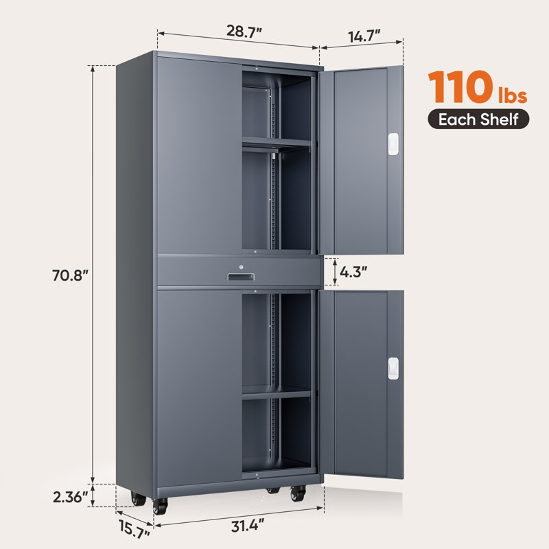 Armoire de rangement en métal 73 po, organisateur de rangement de garage avec roues, portes verrouillables, tiroir et tablettes réglables