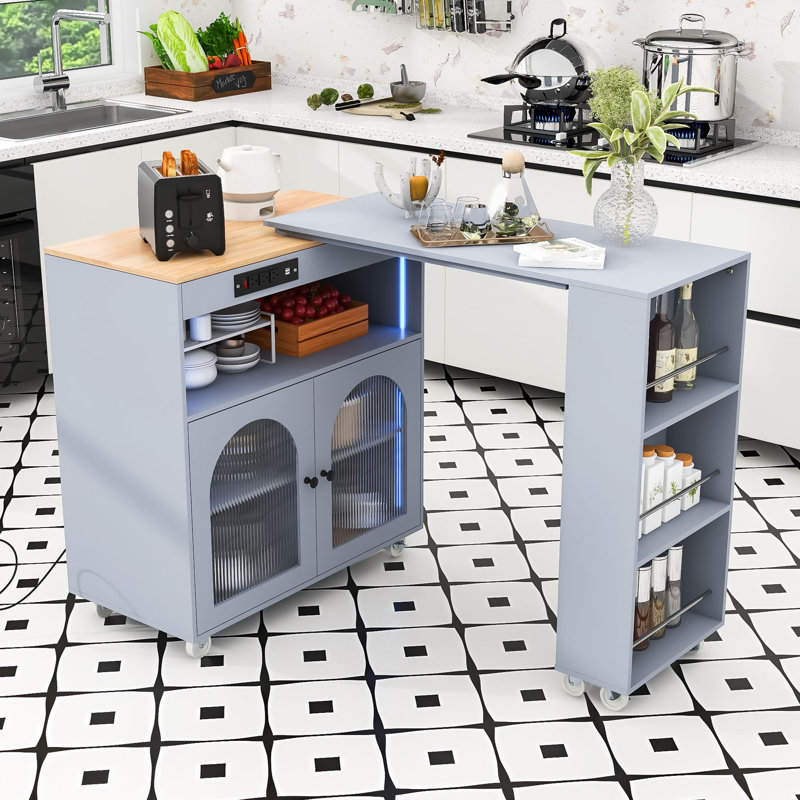 Rolling Kitchen Island with Extended Table, Kitchen Island with LED Light, Power Outlets and Storage, Gray Blue