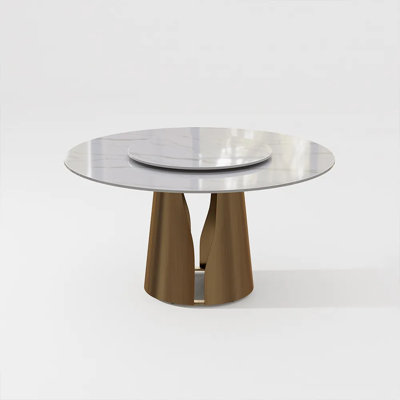  Modern Sintered Stone Round Dining Table for 4-6 with Pedestal Base and Lazy Susan