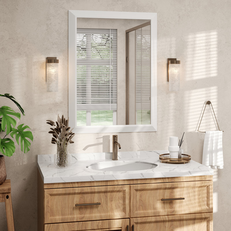 Molly Tempered Glass Metal Beveled Framed Wall Mounted Vanity Rectangular Mirror, White, 32" x 24"