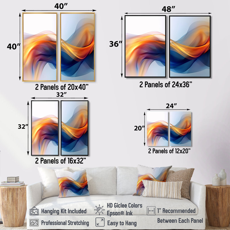 Impression sur toile orange, fractale fractale orange et bleu, 36" H x 48" W, Impression encadrée flottante, Black