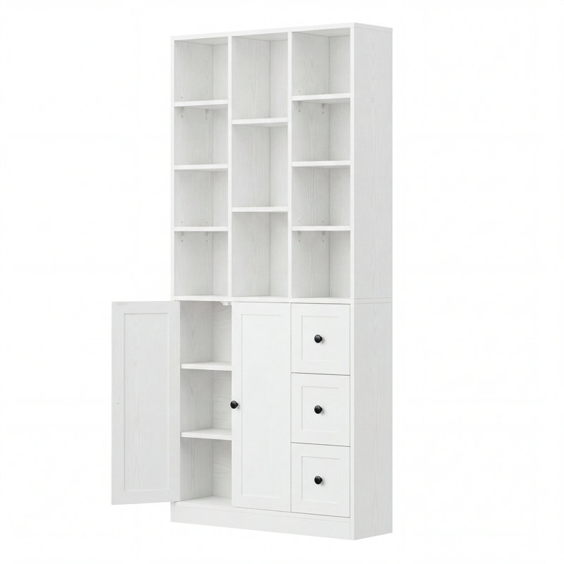 Bibliothèque avec porte d'armoire et 3 tiroirs, bibliothèque à 11 cubes et armoire de rangement avec 4 tablettes réglables